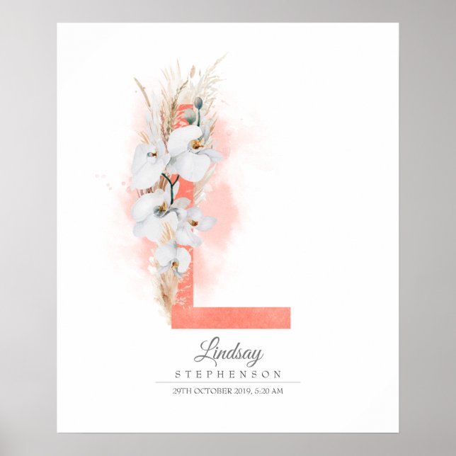 Poster L Monograma de Letra Orquídeas Brancas e Grama Pam (Frente)