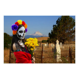 Póster La Catrina no cemitério no Halloween