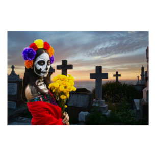 Póster La Catrina no cemitério no Halloween