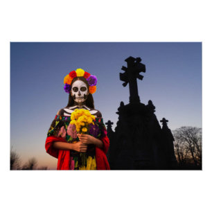 Póster La Catrina no cemitério no Halloween
