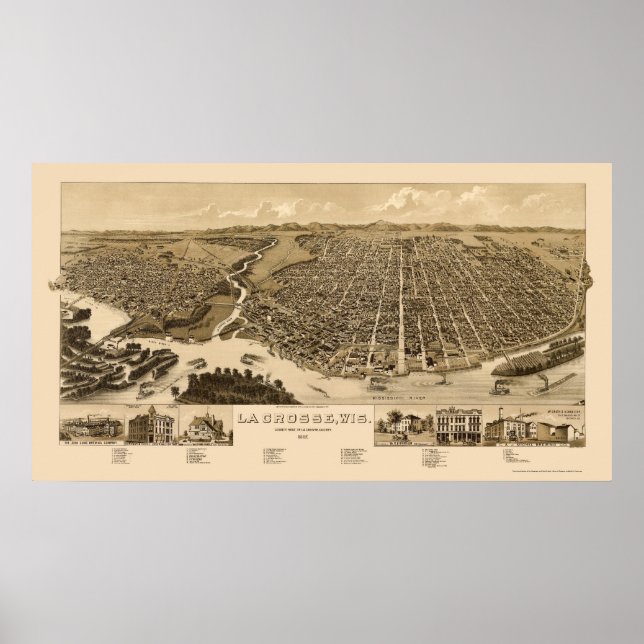 Póster La Crosse, Mapa Panorâmico da I - 1887 (Frente)