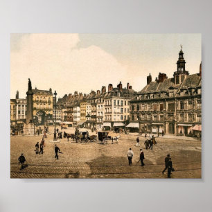 Póster La Grande Place, Lille, França vintage Photochrom