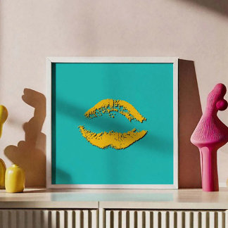 Poster Lábios Beijando Turquesa e Amarelo