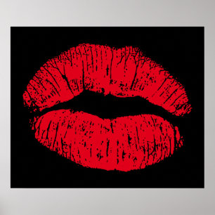 Póster Lábios de Beijo Vermelho em Preto