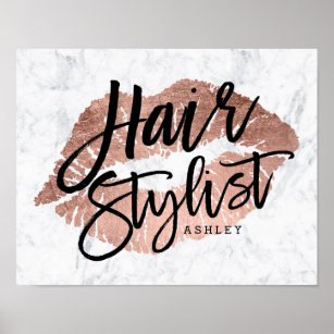 Poster Lábios de cabelos estilistas rosa de dourados