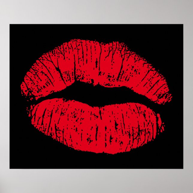 Póster Lábios Vermelhos Beijando no Preto (Frente)