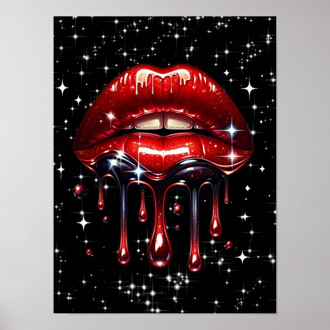 Poster Lábios Vermelhos Gotejando Brilho Glamour Faísca (Frente)