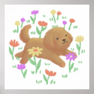 Poster Labradoodle com Ilustração de Flores