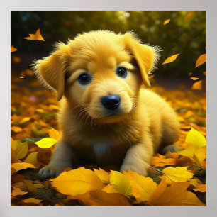 Poster Labrador Amarelo Brincando em Folhas de outono