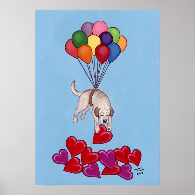 Poster Labrador Amarelo Coleta Corações (amor) Trabalho d (Frente)