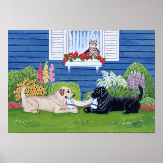 Poster Labrador Amarelo e Labrador Negro no Jardim (Frente)