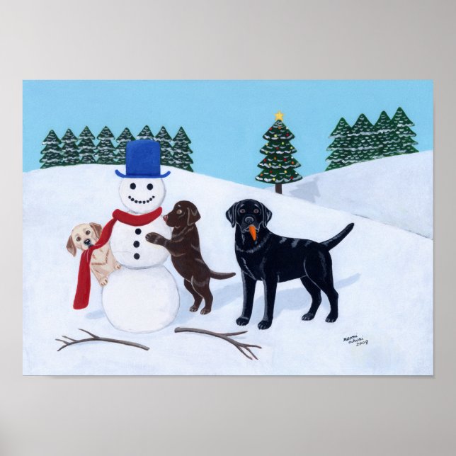 Póster Labrador Christmas with Snowman Artwork (Frente)