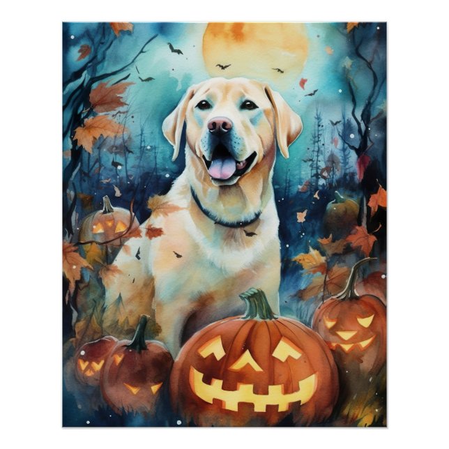Póster Labrador de Halloween com Abóboras Assustador (Frente)
