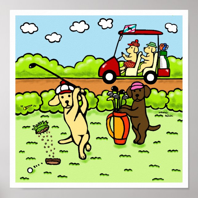 Póster Labrador Engraçador Golfers Cartoon Yellow (Frente)