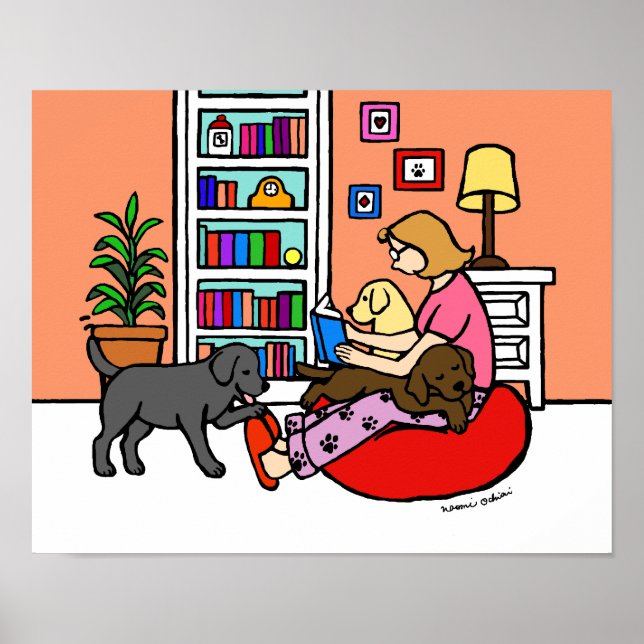 Póster Labrador Mãe Lendo Cartoon (Frente)