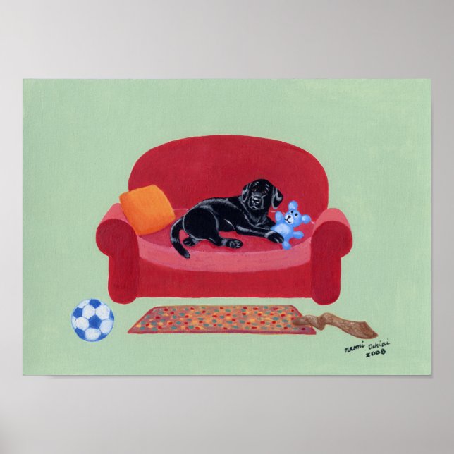 Poster Labrador Negro na Trabalho de arte do sofá rosa (Frente)
