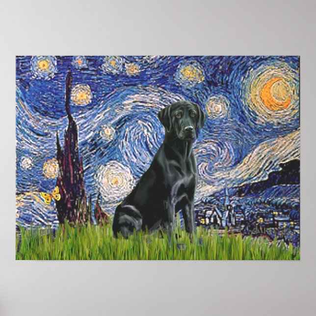 Poster Labrador (preto) - Noite Estrelada (Frente)