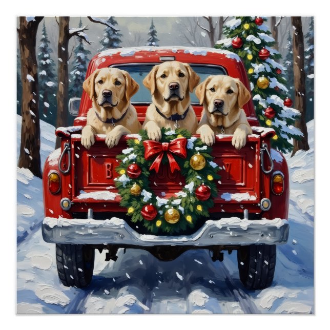 Póster Labrador Retriever Christmas Red Truck Holiday (Frente)