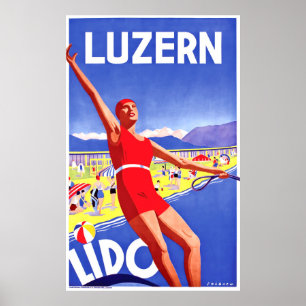 Poster Laca Luzern, lido, homem de esqui aquático, viagen