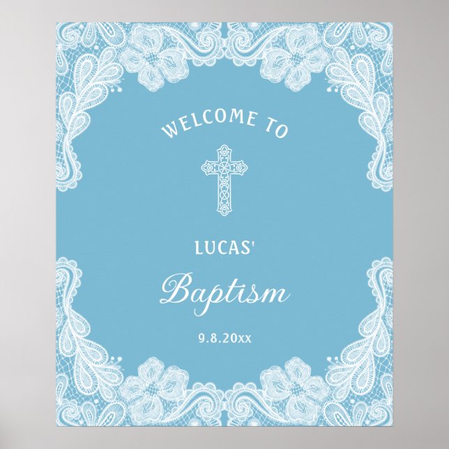 Poster Lace branco no pastel Blue Baptism bem-vindo (Frente)