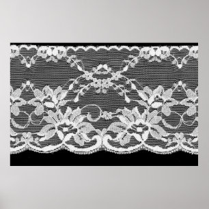 Poster Lace floral branco sobre fundo preto.