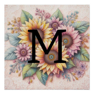 Póster Lace monograma flores cor-de-rosa amarelas cor-de-