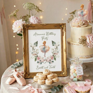 Poster Laço Rosa Bailarina Aquarela Doce de Aniversário
