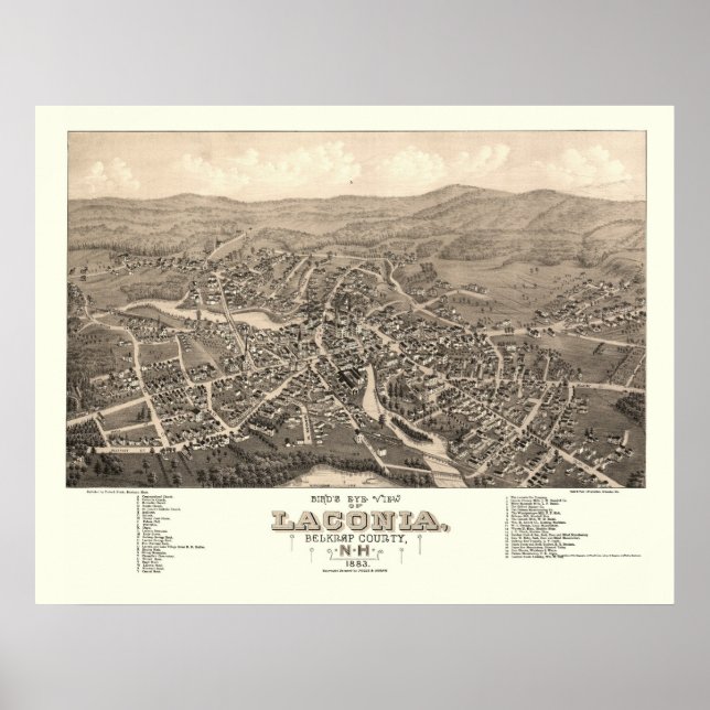 Poster Laconia, Mapa Panorâmico NH - 1883 (Frente)
