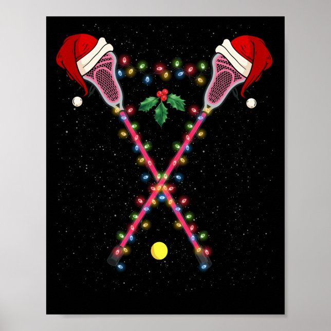 Poster Lacrosse Santa Hat Christmas Lights Sport (Frente)