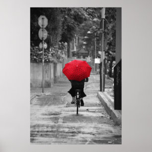 Poster Lady Cyclist com um guarda-chuva vermelho, Florenç