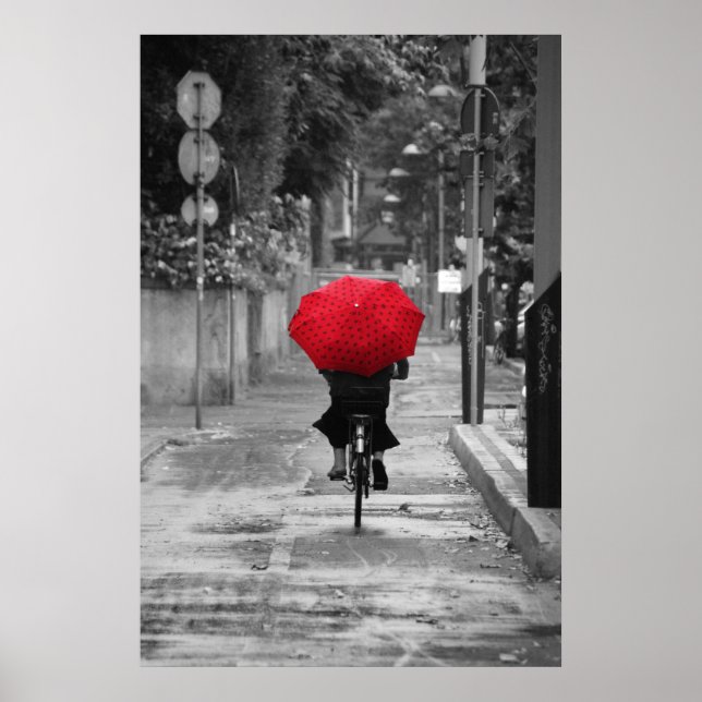 Poster Lady Cyclist com um guarda-chuva vermelho, Florenç (Frente)