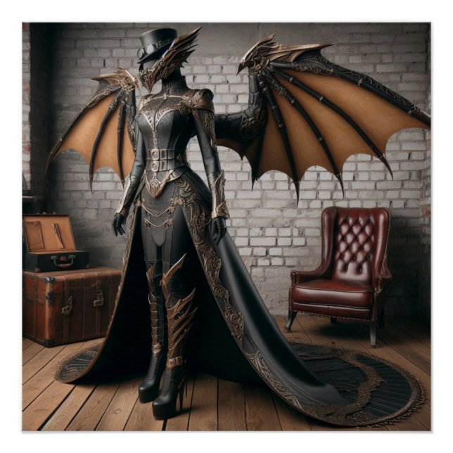 Póster Lady Dragon Rider Steampunk Victorian Industrial (Frente)