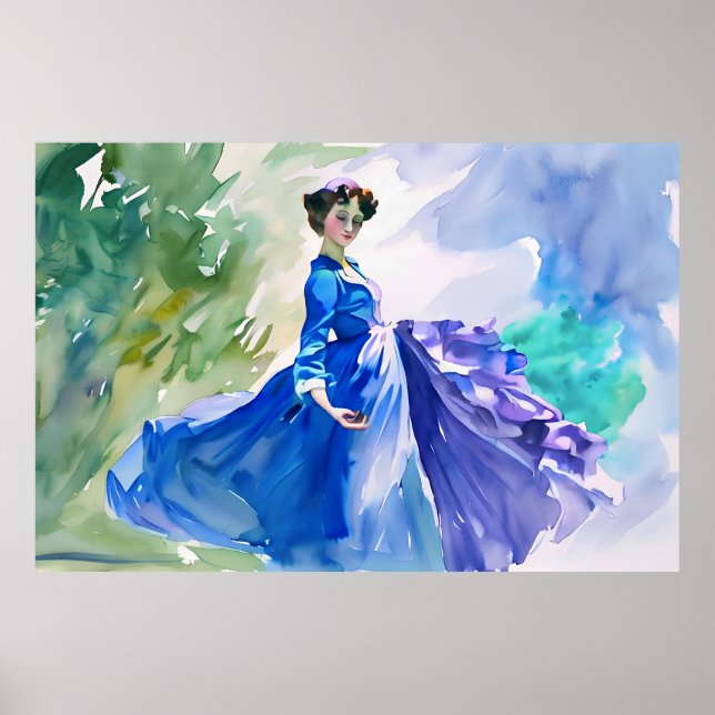 Poster Lady in Blue Vress - Pintura por Aquarela (Frente)