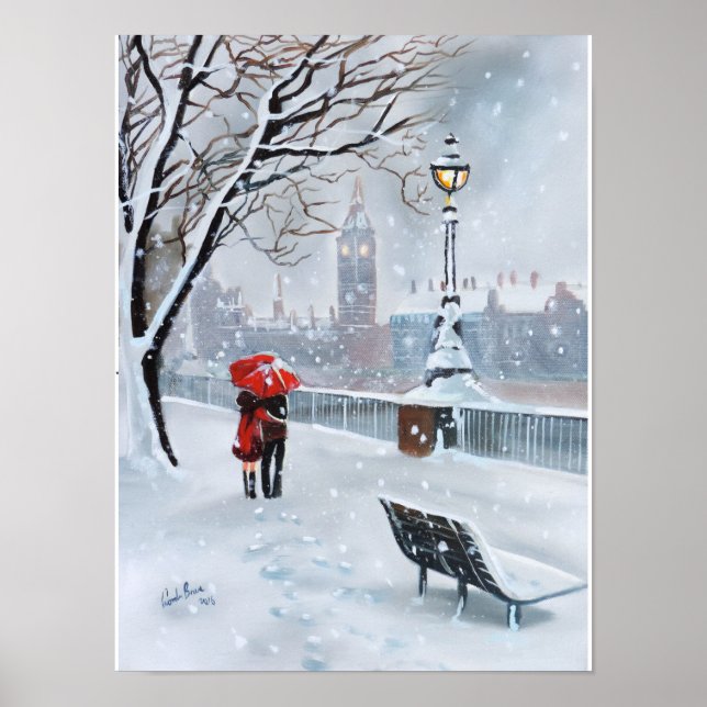 Poster Lady in Red romântico casal snowy London (Frente)