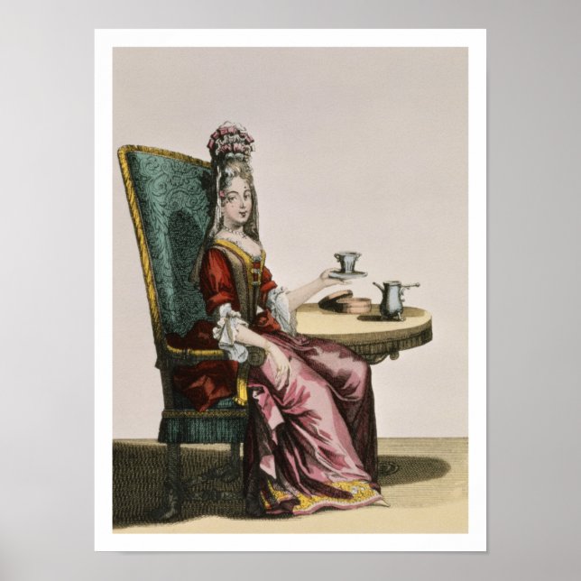 Poster Lady Tomando café, placa de moda, c.1695 (gravavi) (Frente)