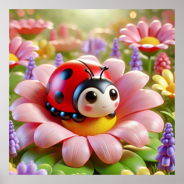 Poster Ladybug Adorável Sentado na Flor Rosa (Frente)