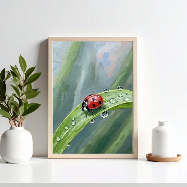 Póster Ladybug on a Dewy Leaf – Nature Art Print (Criador carregado)