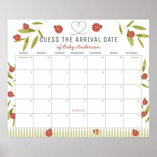 Poster Ladybugs Green Guess The Due Date Calendar (Frente)