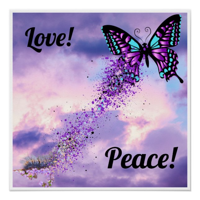 Póster Lagarta Morfo em Púrpura e Borboleta Negra (Frente)