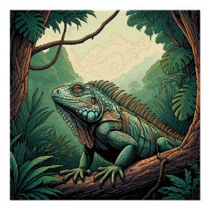 Póster Lagarto iguana em meio a um cenário de selva tropi