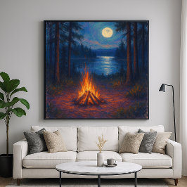 Poster Lago à Luz da Lua com Fogueira - Estilo de Pintura