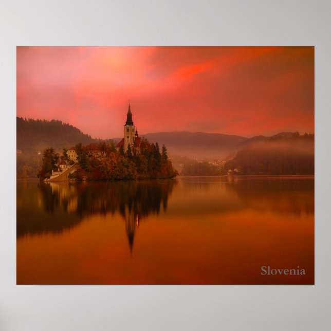 Póster Lago Bled Sunset | Beleza natural da Eslovênia (Frente)