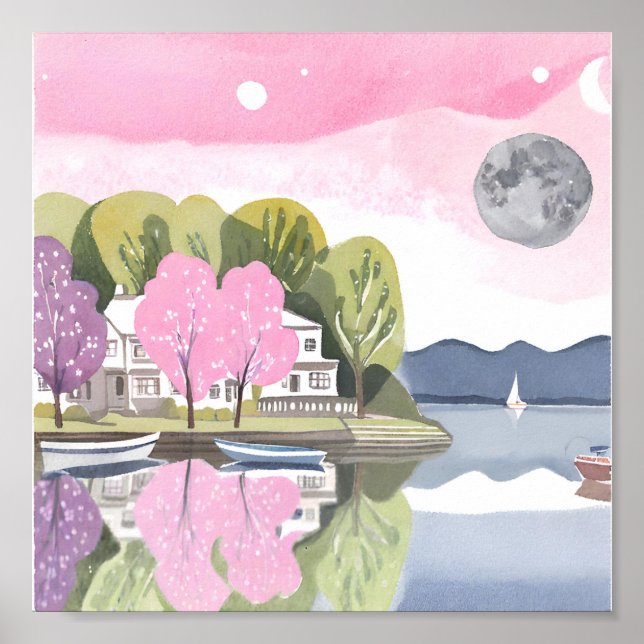 Poster Lago Bonito Pela Casa Com Lua Plena Rosa (Frente)