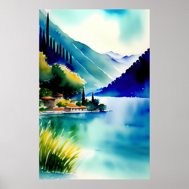 Poster Lago Como (Lago di Como) Pintura Watercolor (Frente)