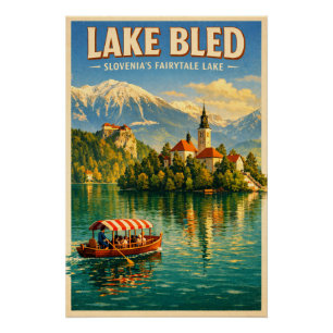 Póster Lago de Bled, Eslovênia, em um clássico retrô