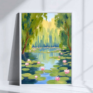 Poster Lago de Flor de Lótus Natureza em Aquarela Verde