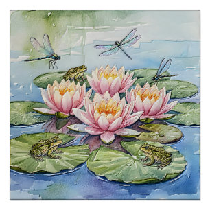 Póster Lago de Lírio de Água Elegante com Rãs e Libélulas