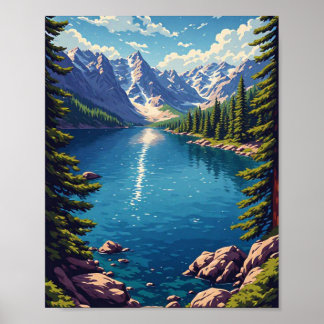 Poster Lago de montanha com floresta de pinheiros e costa