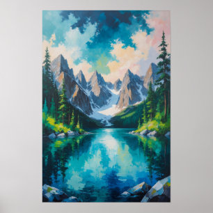 Poster Lago de montanha com reflexão de floresta de pinhe