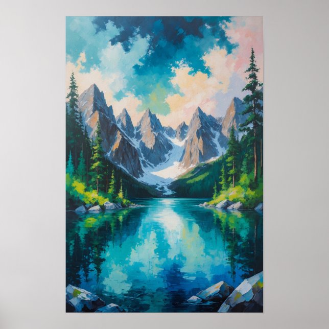 Poster Lago de montanha com reflexão de floresta de pinhe (Frente)